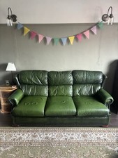 Chesterfield Green Leather 3 Seater Sofa Rolled Arms 200cm Wide Used