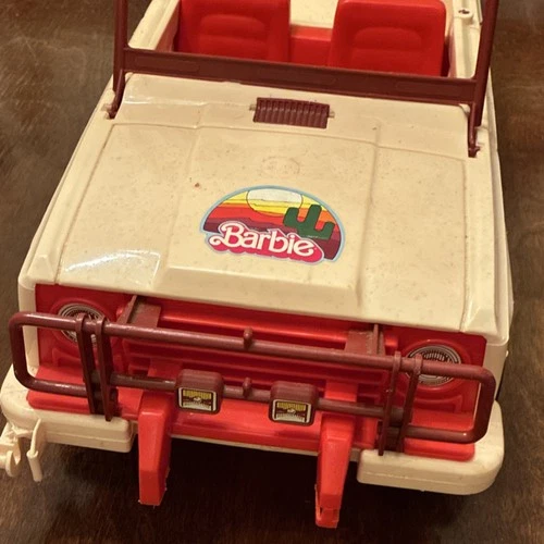 Mattel Barbie Vintage 1973 Jeep, Horse Trailer & Horse Set Beige Red Plastic