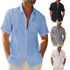Mens Cotton Linen Shirt Short Sleeve Summer Casual Solid Baggy Button Beach Tops
