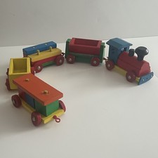 Vintage Wooden Train Set 1980s 5 Piece set with colorful stackable blocks
