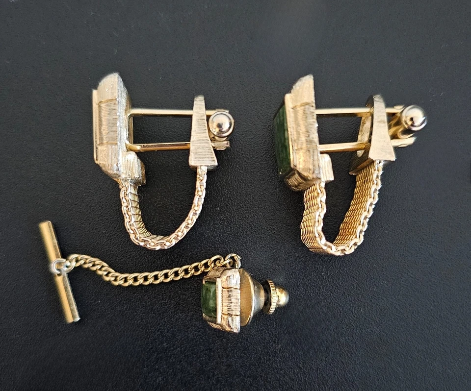 Juego de gemelos y clips de corbata envolventes vintage de jade verde cepillado tono dorado Foto 2 de 4