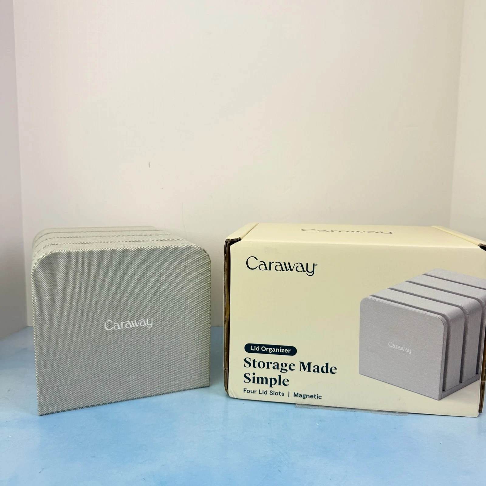Caraway 4 Lid Organizer Four Lid Slots Magnetic in Grey With Box Kitchen Storage