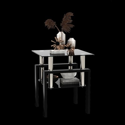 Modern Tempered Glass Coffee Table, Square End Table Fits Living Room, Black