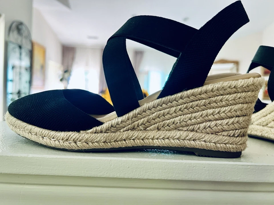 Sandalias de cuña JOIE negras con puntera cerrada correas entrecruzadas alpargata envueltas en yute, 8 Foto 3 de 4