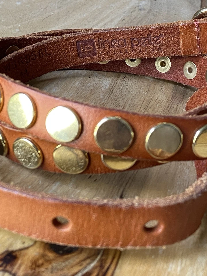 Linea Pelle Studded Skinny Belt Brown Leather Gold Brass Studs VTG Blake Sz Med - Image 4 of 4