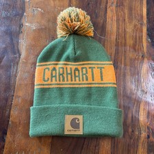 Carhartt Mens Green Orange Pom Pom Beanie Knit Cuffed Logo Hat 104487 G42 OSFA