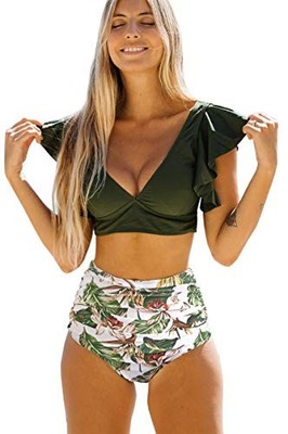 SPORLIKE Women Ruffle High Waist Two Piece Push Up Bikini (Print 22, X-Large)