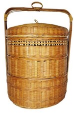 Vintage 1940s Boho Chinese Stacked Wicker Nesting Triple Storage Wedding Basket