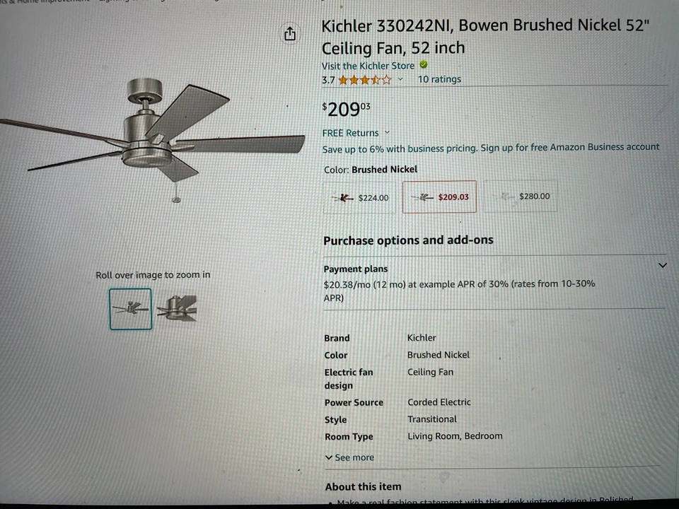 Kichler 330242NI Bowen, 52" Ceiling Fan, Brushed Nickel - Image 3 of 3