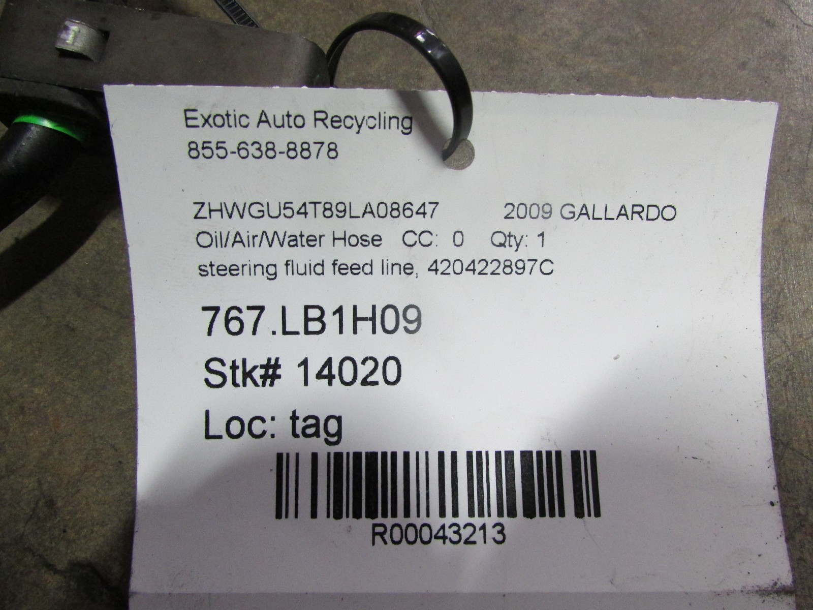 Lamborghini Gallardo LP550, 560, 570, Steering Fluid Feed Line, P/N 420422897C