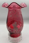 Vintage Fenton Cranberry Hand painted Signed Hurricane Candlestick Shade Signed.
