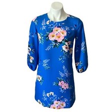 Ann Taylor Poppy Lantern Blue Floral Shift Dress With 3/4 Long Peasant Sleeves