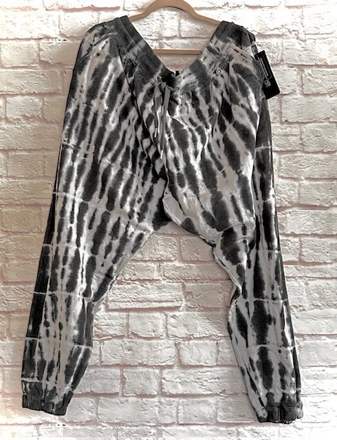 XL 1X New Bebe Cotton Charcoal Gray White Tie Dye Print Joggers