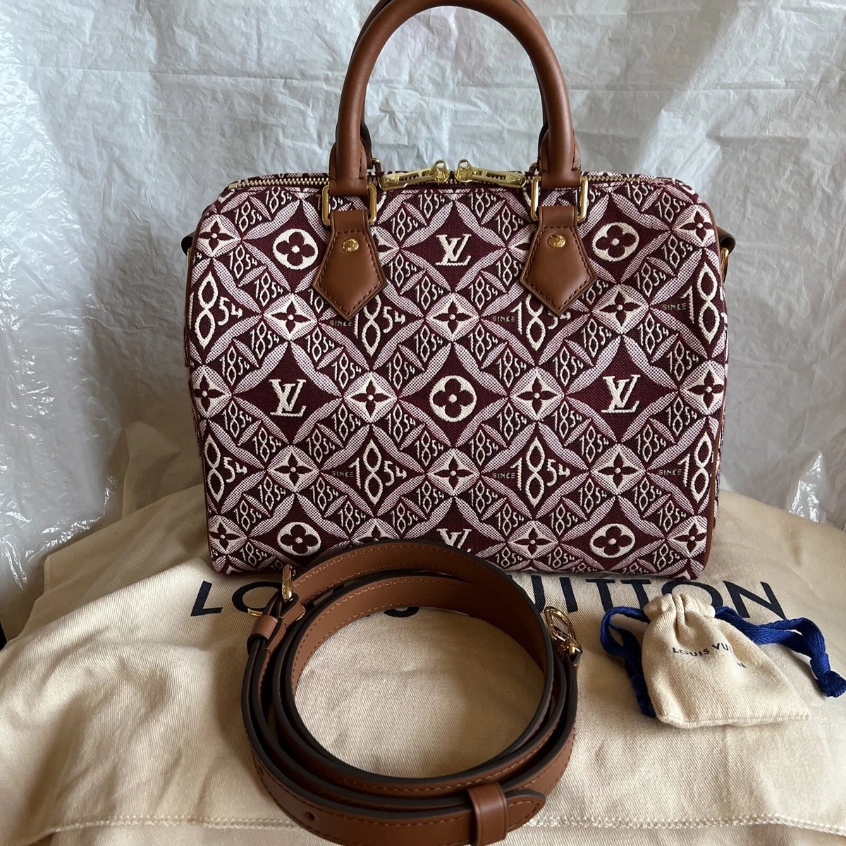 Authentic Louis Vuitton 1854 Burgundy Jacquard Giant Monogram Limited Speedy  25