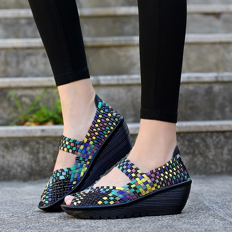 Fabric wedge shop shoes