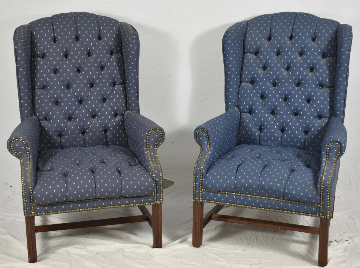 Pair Tufted Designer Mahogany Chippendale Armchairs Wing Chairs