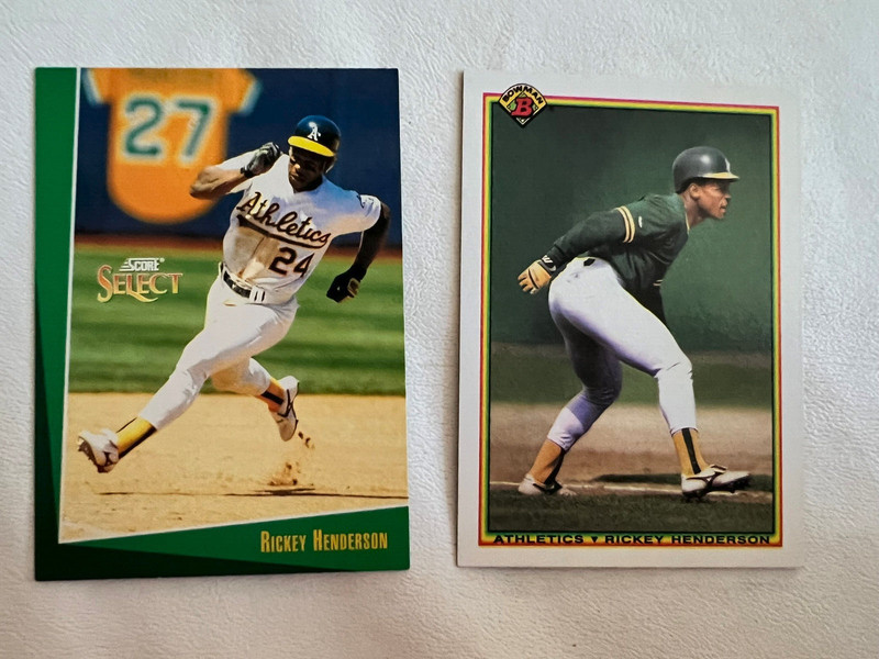(2) RICKEY HENDERSON-1990 BOWMAN #457-1993 SCORE SELECT #106 BASEBALL CARDS