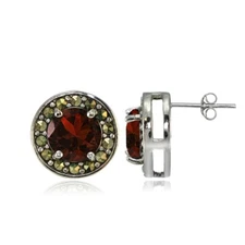 Sterling Silver Garnet and Marcasite Halo Stud Earrings