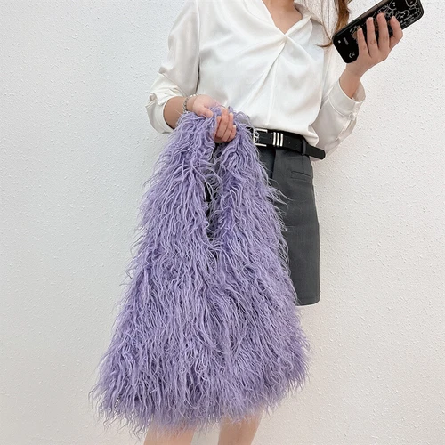 Women Handbag Shoulder Bag Faux Mongolian Fur Furry Fluffy Plush Winter Handbag - Picture 21 of 34