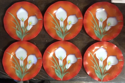 6x Rare Royal Opal Glass Floral Multicolor Fluted Edge plates size 7 3/4  VGC!
