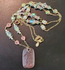 Kirks Folly Retired 1990's Kissing Cherubs Pendant Necklace AB Rhinestones