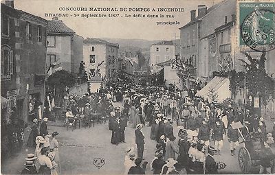 Old postcard 63 BRASSAC NATIONAL COMPETITION FIRE PUMPS 1907 THE PARADE IN THE STREET