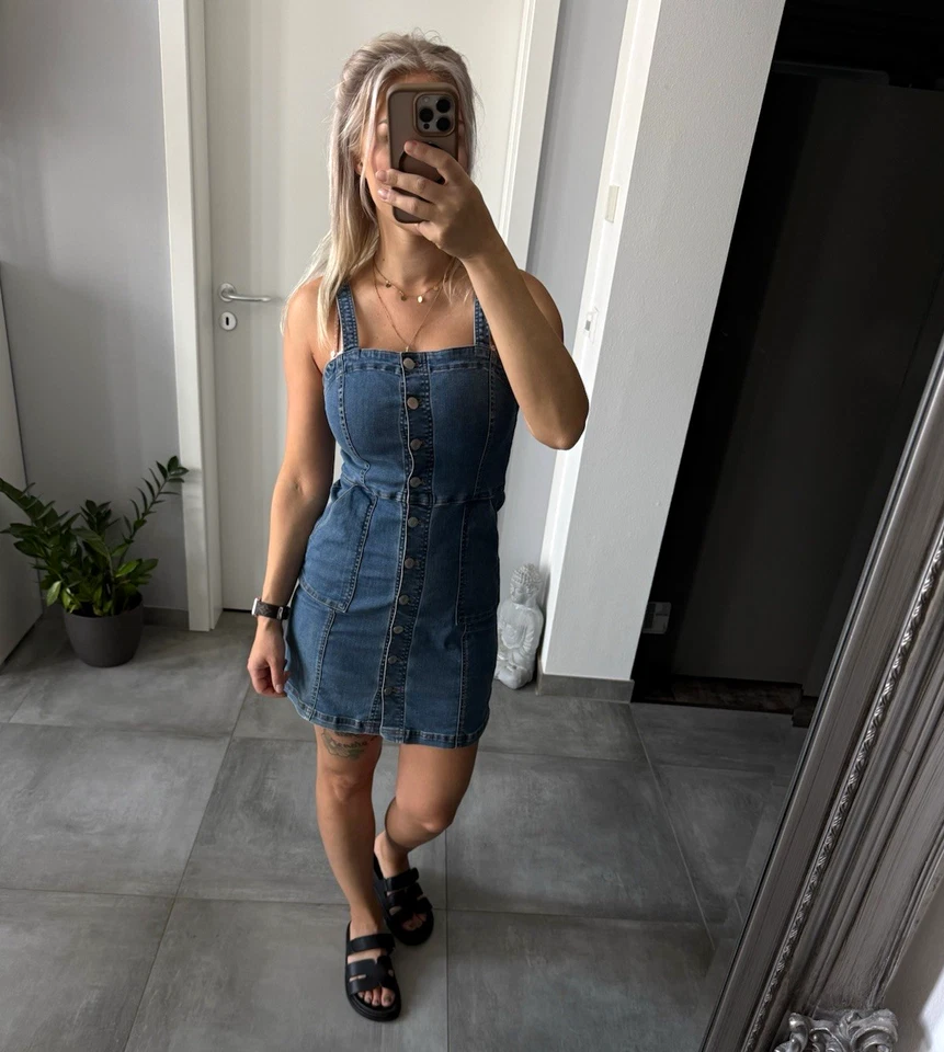 TALLY WEiJL Damen Jeanskleid XS blau kurz Denim Trägerkleid Knopfleiste - Bild 1 von 1