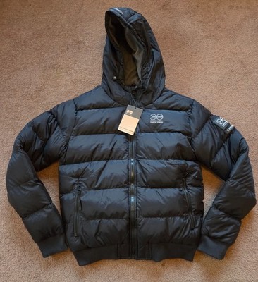 Herren Crosshatch gefütterte Jacke mit Kapuze schwarz durchgehender Reißverschluss wattiert gesteppt Wintermantel S