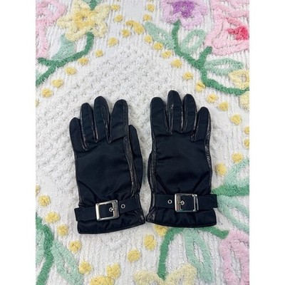 Luxury Italian Leather Cashmere Lined Gloves Black Size 6 1/2 Buckle Accent