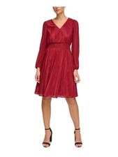 KENSIE DRESSES Womens Maroon Lined Waist Long Sleeve Fit + Flare Dress 4