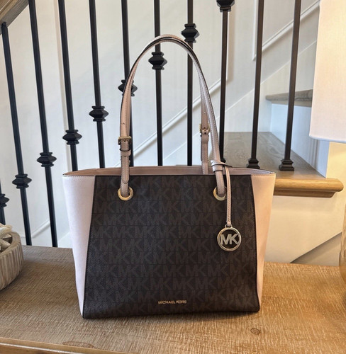 Michael Kors Medium Tote Monogram Brown/Pink Gold Hardware Bag Charm Pockets