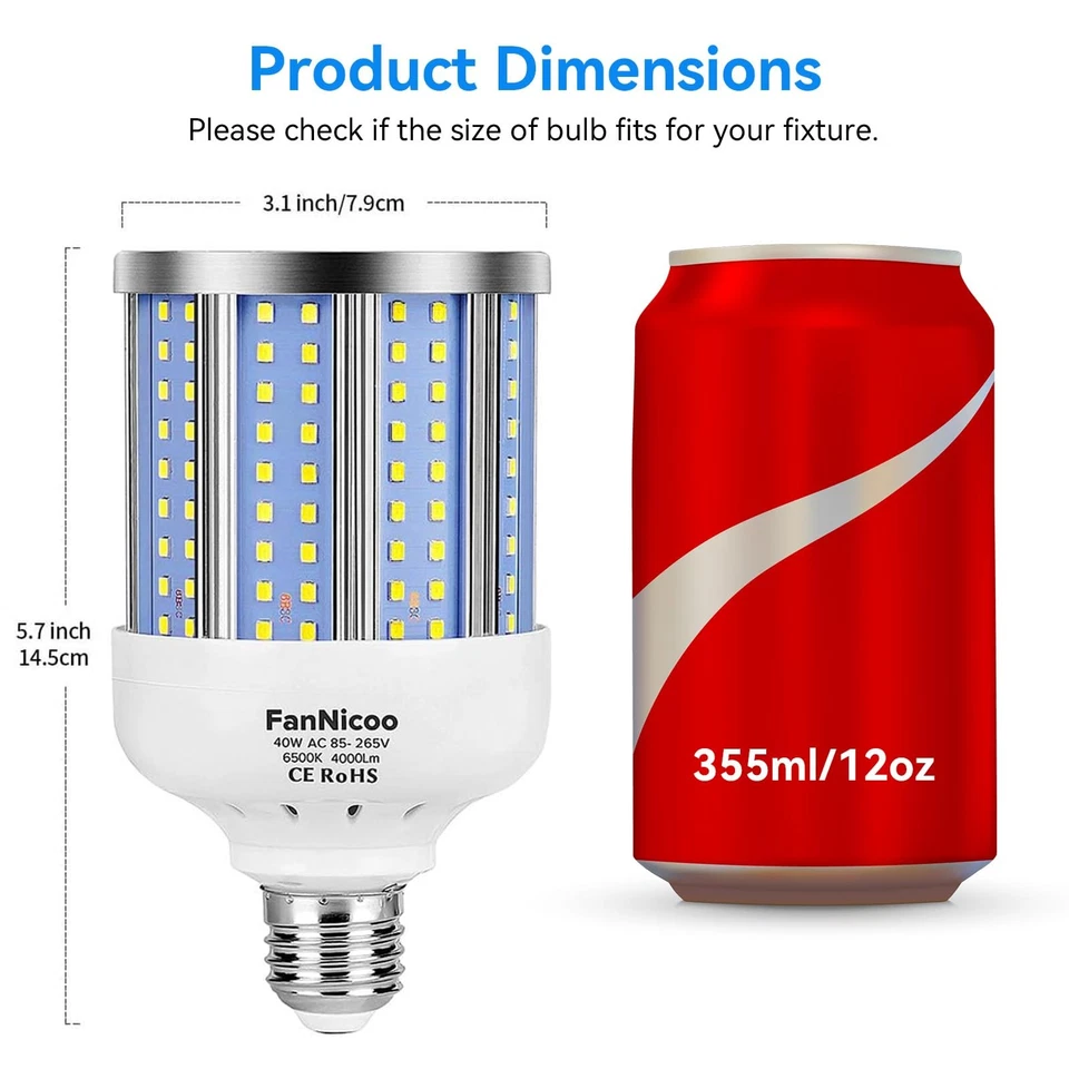 2 Pack 280W Equivalent LED Corn Light Bulb, 4000 Lumen 6500K Cool White Dayli... - Image 2 of 4