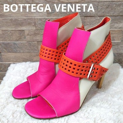 Rare BOTTEGA VENETA Open Toe Leather Booties Pink/White Size 37.5 US 7.5