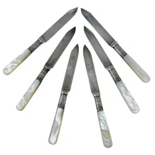 6 MERIDEN CUTLERY CO. FRUIT/CHEESE KNIVES W/MOTHER OF PEARL HANDLES