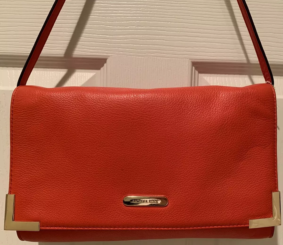 MICHAEL KORS Fold Over Orange Red Leather Convertible Shoulder Bag