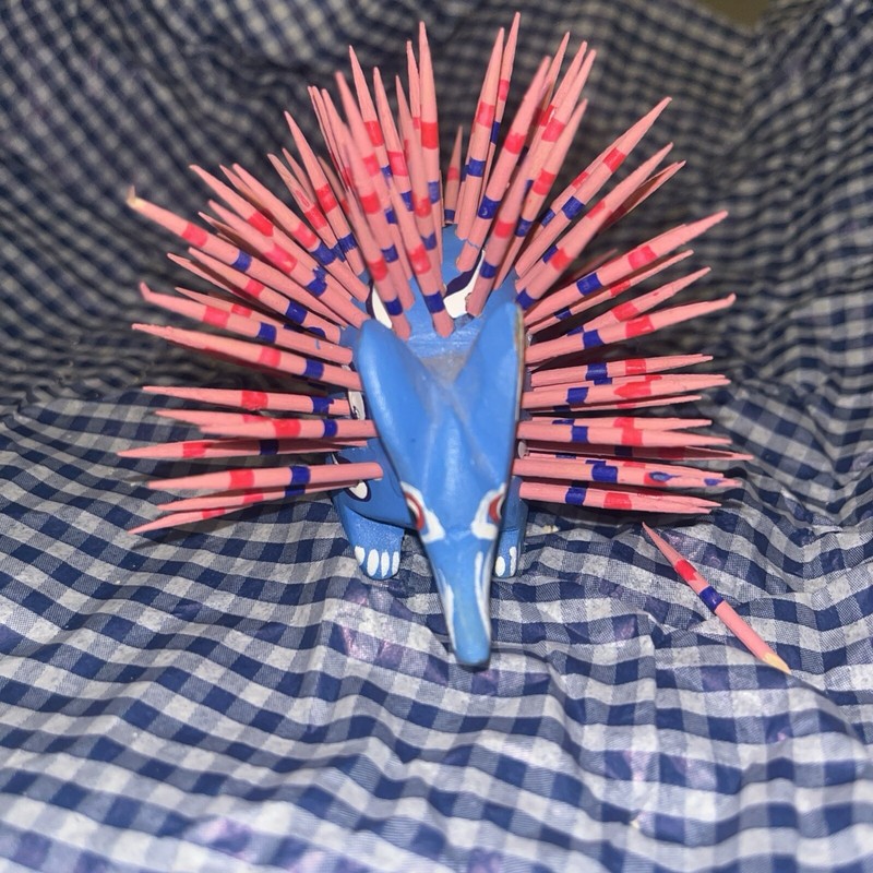 PORCUPINE  Alebrije Hand Painted Wood Carving Oaxaca Mexico Blue Pink White