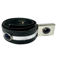 Vtg Louis Feraud Black Leather Metallic Silver Stripe Blue Cabochon Studded Belt