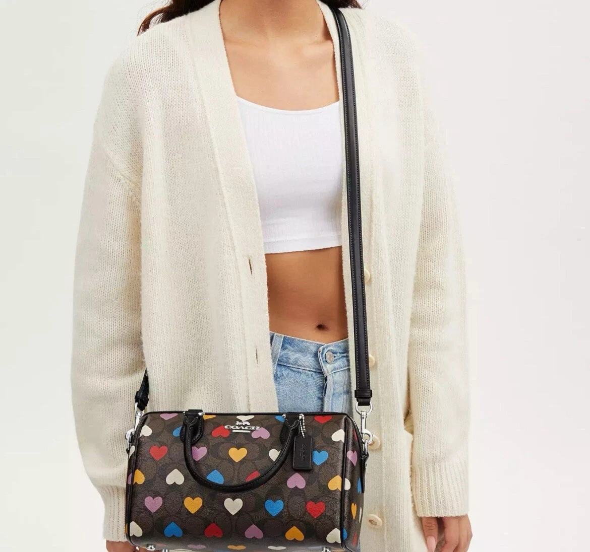 Borsa a tracolla Coach Rowan nuova con etichette in pelle firmata con stampa cuore CP109 marrone