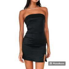 Cantonwalker Womens Satin Strapless Side Slit Stretch Bodycon Party Mini Dress
