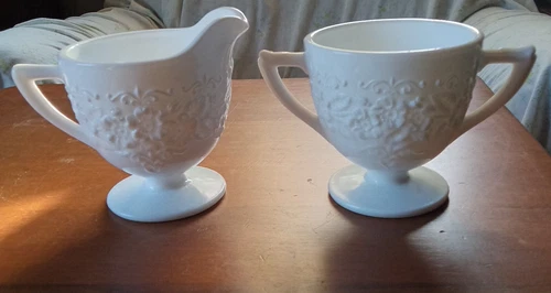 Vintage 1950's Indiana Milk Glass Orange Blossom Pedestal Creamer & Sugar Bowl