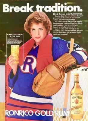 1982 Ronrico Rum PRINT AD Break Tradition Female Hockey Goalie Rum & Club Soda