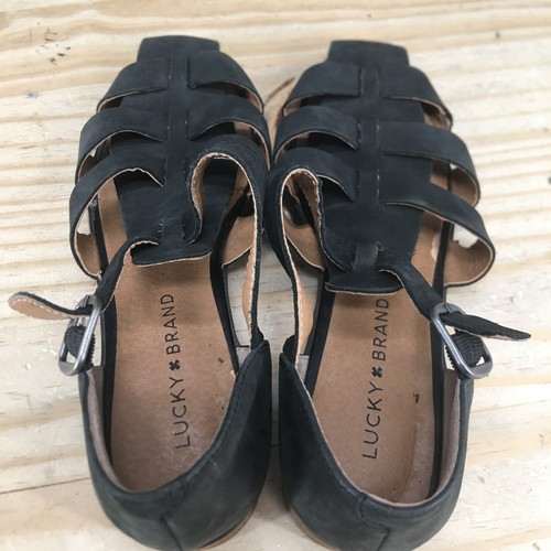 Lucky Brand Sandals Womens 7.5M Camel Fisherman Black Leather Buckle Strap Block - Picture 13 of 16