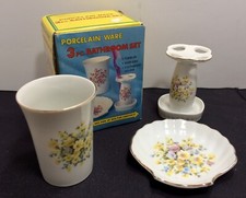 3 Pc Porcelain Ware Yellow Floral Bathroom Set in Box Shell Soap Dish Toothbrush