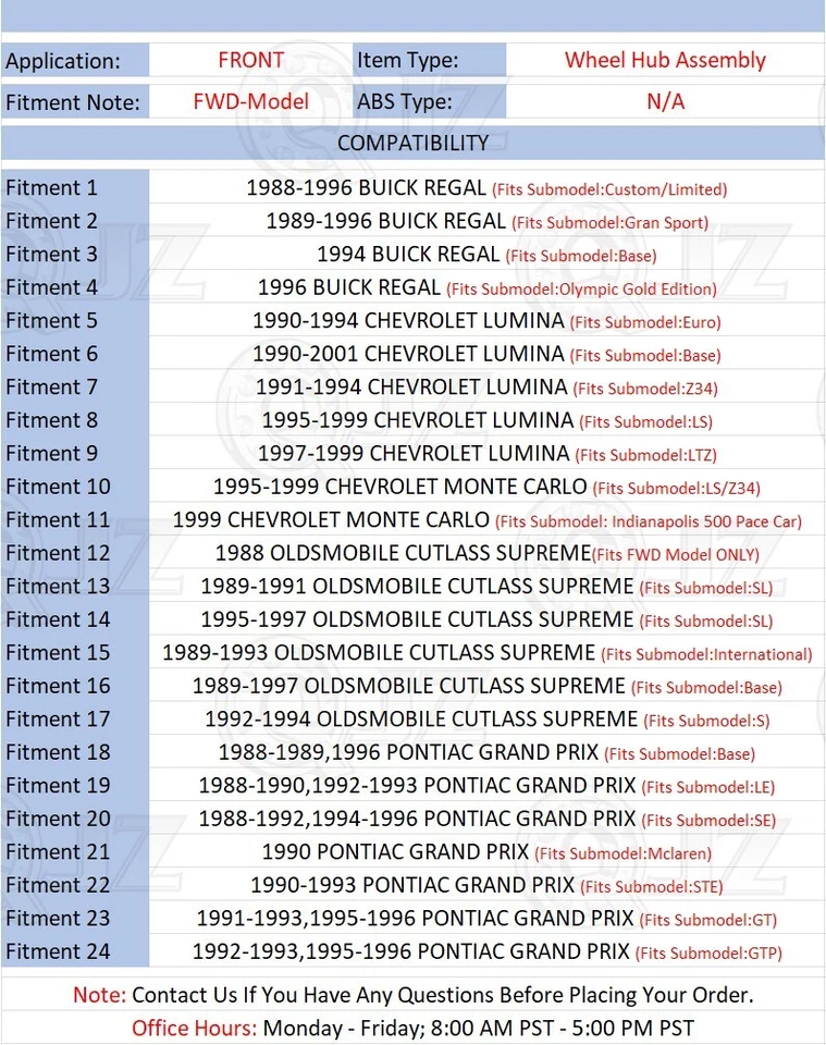 [FRONTAL (Quantidade.1)] 513044 Novo Conjunto de Cubo de Roda Para 1994-1996 Pontiac Grand Prix SE - Imagem 2 de 4