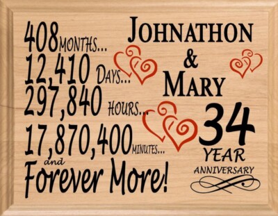 Personalized 34th Anniversary Gift   Custom Wood Keepsake for Husband, Wife, or