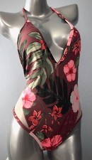 PINK Victoria's Secret Mesh Plunge Venetian Red Floral One Piece Swim L