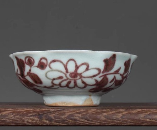 3.1" Chinese Yuan Blue White Porcelain Red Glaze Animal Fish Algae Fancy Top Cup - Picture 5 of 5