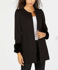 Nine West Black Fitted Classic Topper Jacket With Faux Fur Cuff- Uk12 Us8 Rp$149