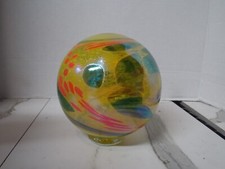 Hand blown Glass Ball shelf decor Yellow swirl made by Glass Eye Co. 5"