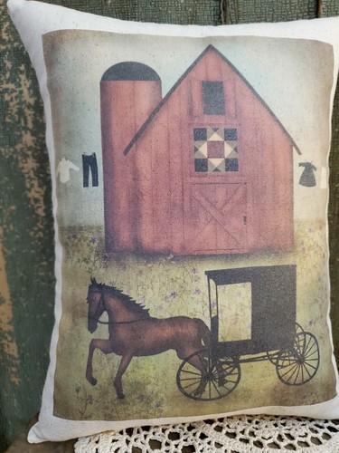 VINTAGE PRIMITIVE VICTORIAN FOLK ART STYLE AMISH HORSE BUGGY BARN PILLOW - Picture 3 of 5
